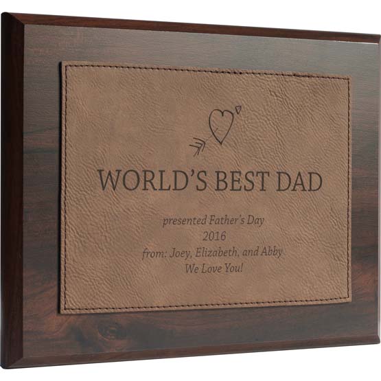 Custom Plaque With Dark Brown Faux Leather Plate Engraved With World’s Best Dad Message On A Wood Board