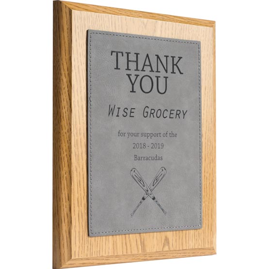 Custom Plaque With Wood Board And Gray Faux Leather Plate Laser Engraved With Thank You Message And Baseball Bat Art
