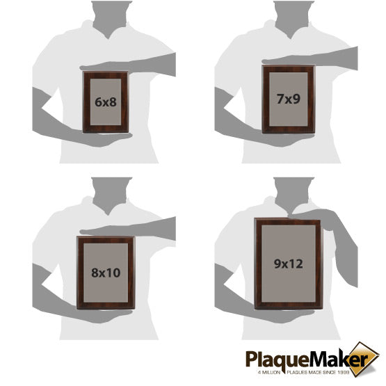 Size Guide With Blank Figures Holding Custom Plaque With Gray Faux Leather Plate On Wood Board And Showing Measurements