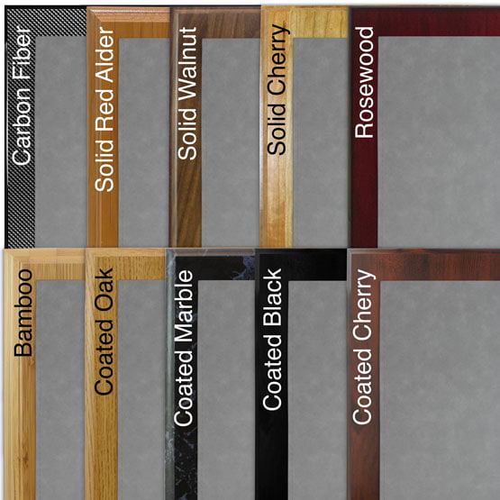 Comparison of board options with gray  faux leather plate.