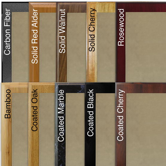 Comparison of board options with light brown faux leather plate.