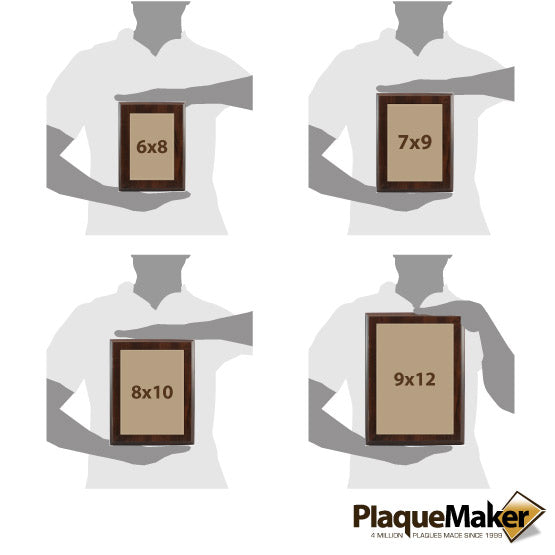 Size Guide With Blank Figures Holding Plaque With Light Brown Faux Leather Plate On Wood Board And Showing Measurements