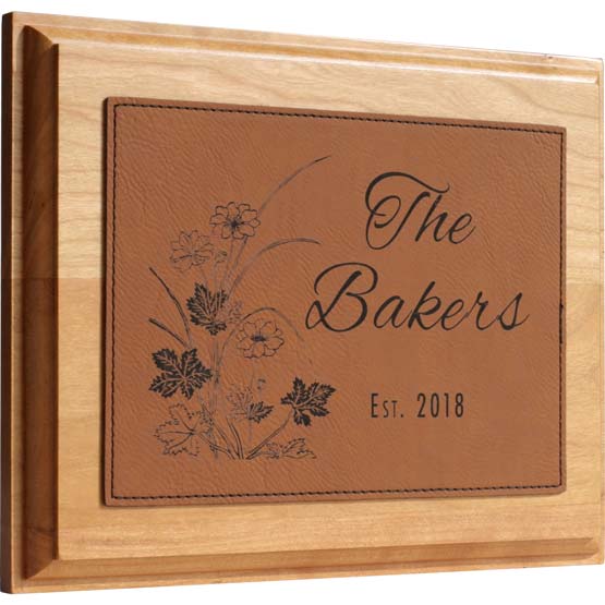 Custom Plaque With Wood Board And Rawhide Faux Leather Plate Engraved With Flower Art And The Bakers Text And Date