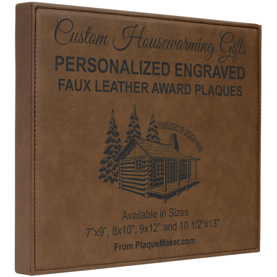 A brown faux leather plaque shown at an angle on a white background, with black engraved text and a placeholder artwork featuring information about sizes available.