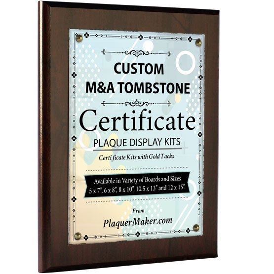 A custom M&A Tombstone plaque display kit with a cherry wood board with four golden tacks in the corners and a placeholder certificate in the center, set on a white background.