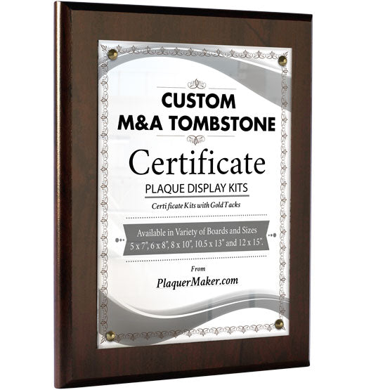 A custom M&A Tombstone plaque display kit with a cherry wood board with four golden tacks in the corners and a placeholder certificate in the center, set on a white background.