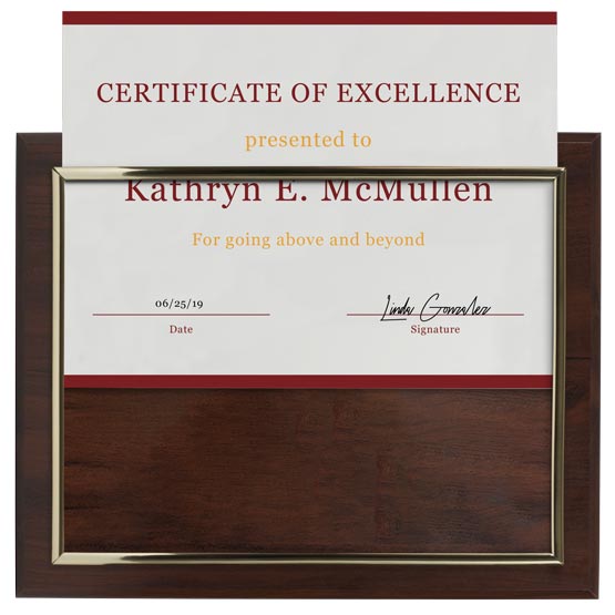 Sample Certificate Of Excellence Sliding Into The Gold Frame Of A Custom Certificate Plaque With Wood Board