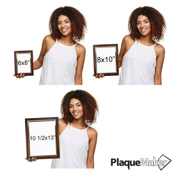 Size Guide With Woman Holding Different Sizes Of Custom Certificate Plaque With Wood Board And Gold Frame