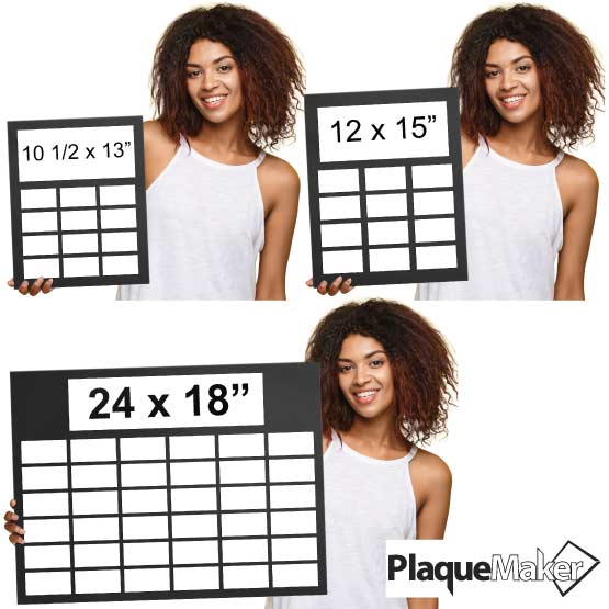 Size Guide With Woman Holding Different Sizes Of Perpetual Plaque With Black Acrylic Board And Plastic Plates