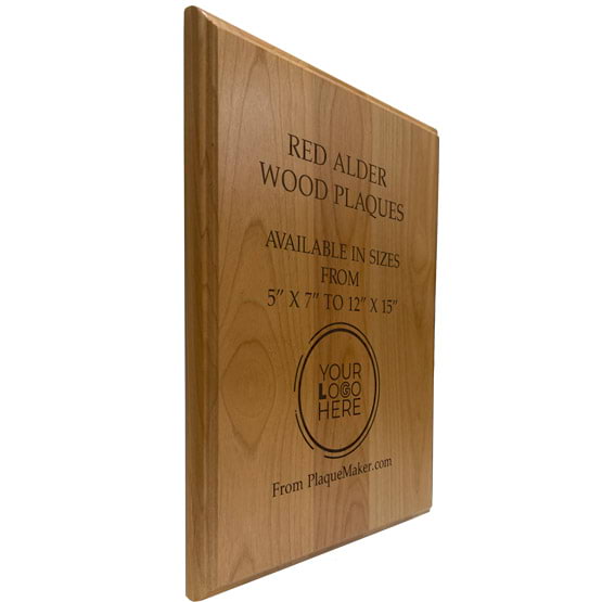 Solid Red Alder Wood Plaque Laser Engraved To Show Available Sizes And Customizable Areas Against A White Background