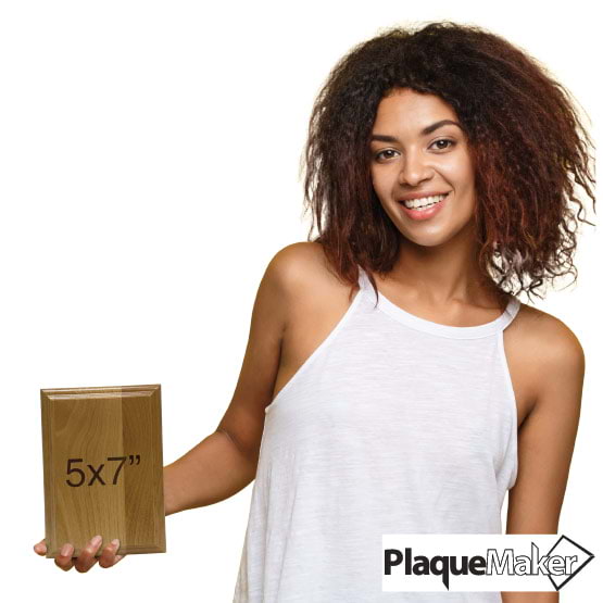 Size Guide With Happy Woman Holding Solid Red Alder Wood Plaque And Showing 5 By 7 Inch Measurement Against White Background