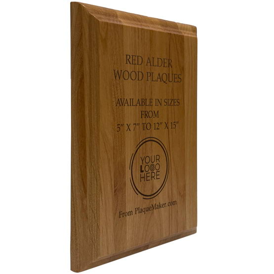 Solid Red Alder Wood Plaque Laser Engraved To Show Available Sizes And Customizable Areas Against A White Background