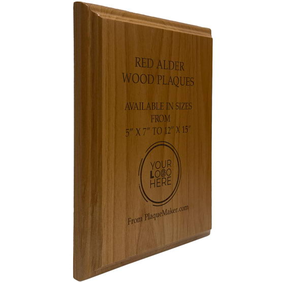 Solid Red Alder Wood Plaque Laser Engraved To Show Available Sizes And Customizable Areas Against A White Background