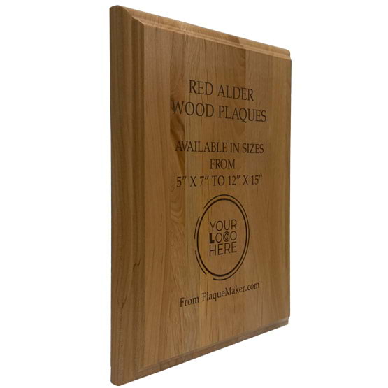 Solid Red Alder Wood Plaque Laser Engraved To Show Available Sizes And Customizable Areas Against A White Background
