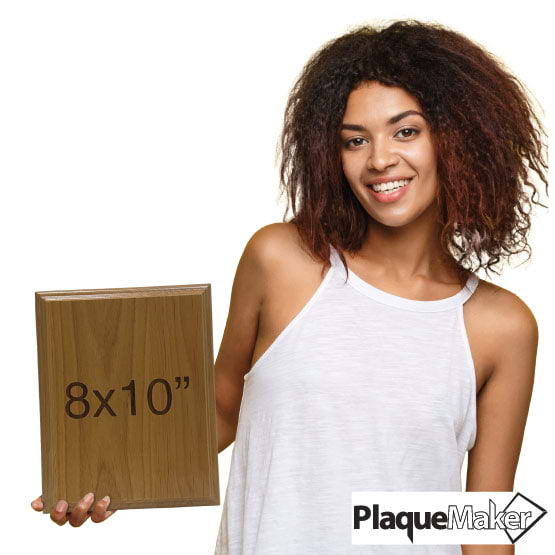 Size Guide With Happy Woman Holding Solid Red Alder Wood Plaque And Showing 8 By 10 Inch Measurement Against White Background