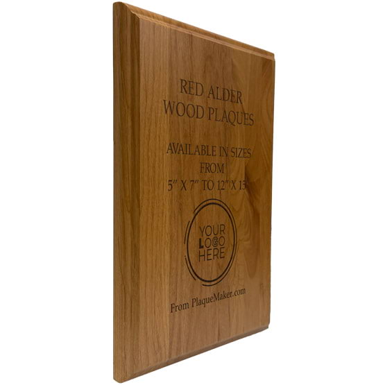 Solid Red Alder Wood Plaque Laser Engraved To Show Available Sizes And Customizable Areas Against A White Background