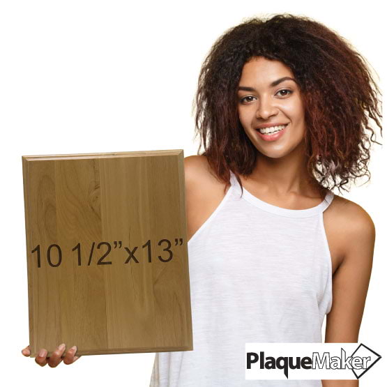 Size Guide With Happy Woman Holding Solid Red Alder Wood Plaque And Showing 10 And A Half By 13 Inch Measurement