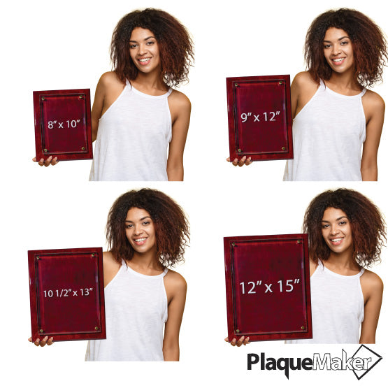 Size Guide With Woman Holding Different Sizes Of Floating Glass Plaque With Rosewood Piano Finish Board