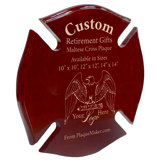 A custom Maltese cross rosewood plaque featuring engraved text and placeholder art, set at a slight angle on a white background.
