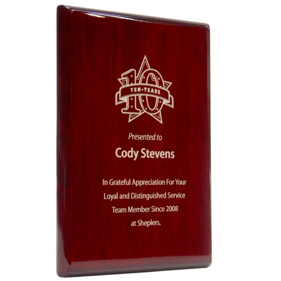 Custom Rosewood Piano Finish Plaque Laser Engraved With Sample Ten Years Of Service Award Message And Employee Name