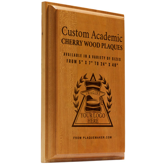 A solid cherry wood plaque shown at an angle with text engraved into the board and placeholder artwork, set on a white background.