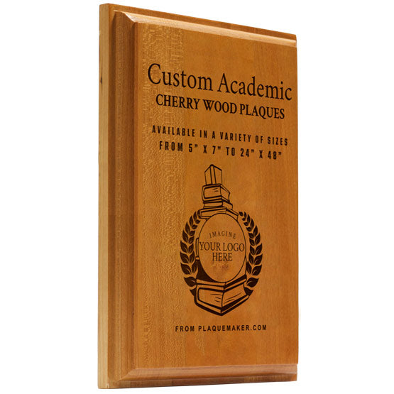 A solid cherry wood plaque shown at an angle with text engraved into the board and placeholder artwork, set on a white background.