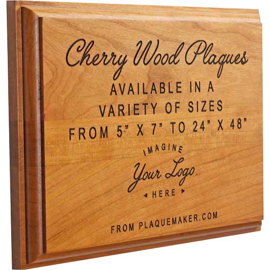 Custom Solid Cherry Plaque With Charcoal Filled Engravings That Show Customization Options And Areas Against White Background