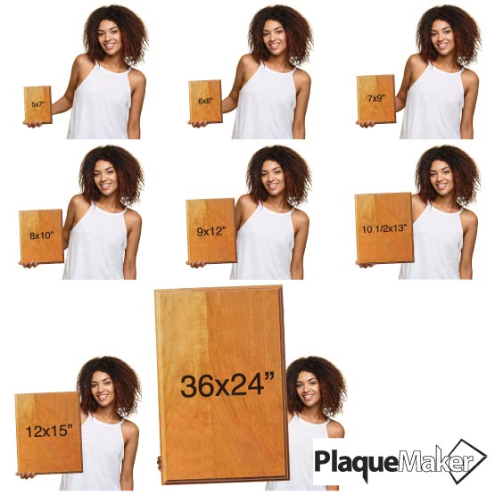 Size Guide With Happy Woman Holding Custom Solid Cherry Plaques Showing Measurements Against White Background