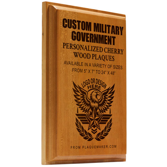 A custom cherry wood plaque with personalized engraved text and placeholder artwork, set at a slight angle and displayed on a white background.