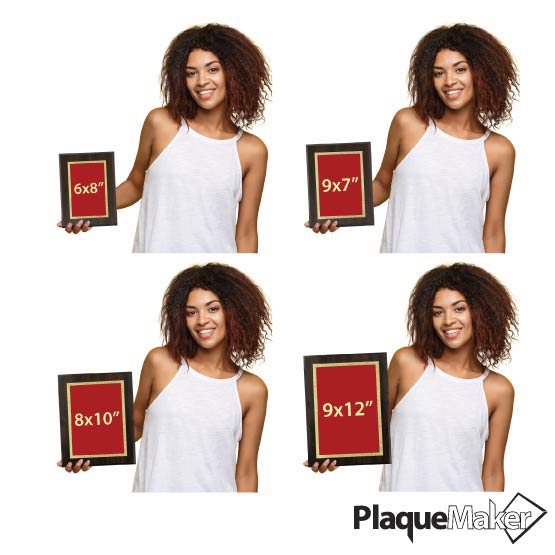 Woman Holding Four Different Sizes Of Custom Stainless Steel Plaque With Red Plate And Gold Florentine Border