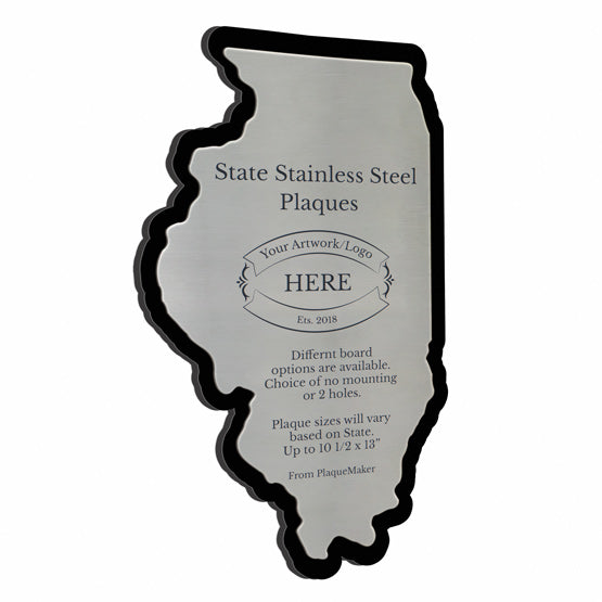 State Shaped Stainless Steel Plaque Printed With Customization Options On A Black Acrylic Board Against White Background