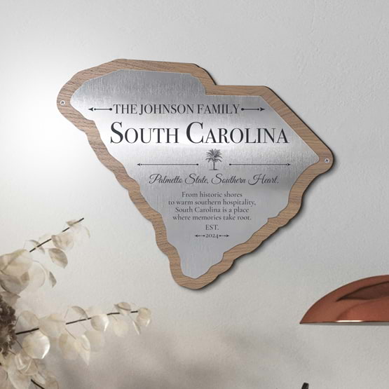State Shaped Stainless Steel Plaque With Wood Board And Printed Name And South Carolina Message Hung On Living Room Wall