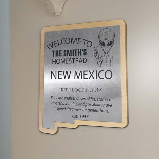 State Shaped Stainless Steel Plaque With Wood Board And Printed Alien Art And New Mexico Message Hung On Indoor Wall