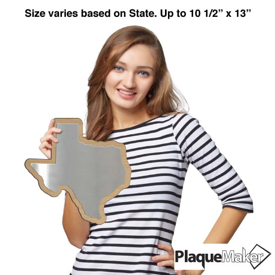 Size Guide With Happy Woman Holding Texas State Shaped Stainless Steel Plaque With Wood Board Against A White Background
