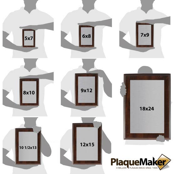 Size Guide With Blank Figures Holding Different Sizes Of Custom Stainless Steel Plaque With Wood Board