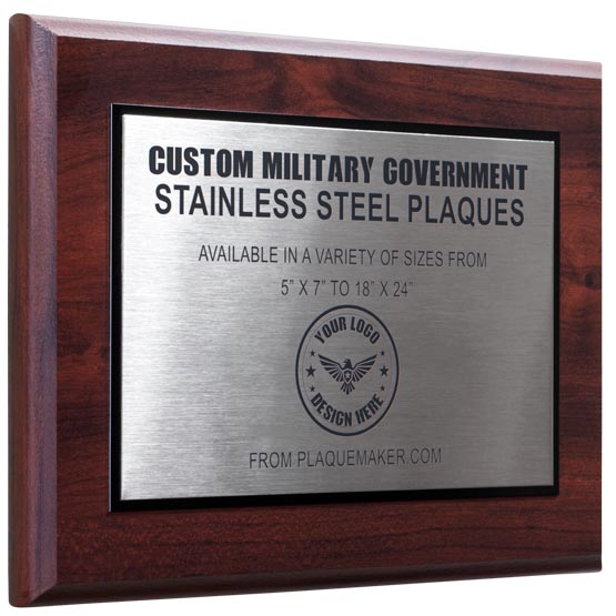 A custom stainless steel metal plaque with personalized black engraved text and placeholder artwork, set at a slight angle and displayed on a white background.
