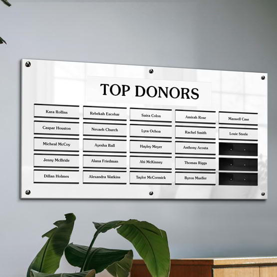 Top Donor Perpetual Plaque With White Acrylic Board And Silver Plates Printed With Names Mounted On Office Wall Above Plant