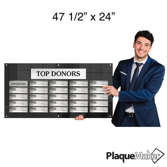 Size Guide With Man Holding 47 And A Half By 24 Inch Top Donor Perpetual Plaque With Black Acrylic Board And Silver Plates