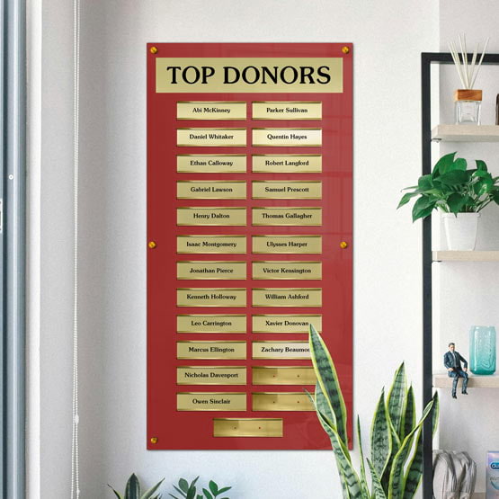 Top Donor Perpetual Plaque With Red Acrylic Board And Gold Plates Printed With Names On Office Wall Near Shelves With Plants