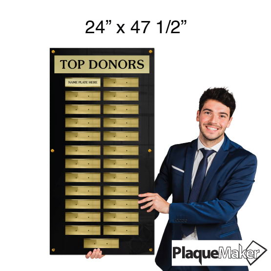 Size Guide Of 47 And A Half By 24 Inch Top Donor Perpetual Plaque With Black Acrylic Board And Gold Plates In Portrait Layout