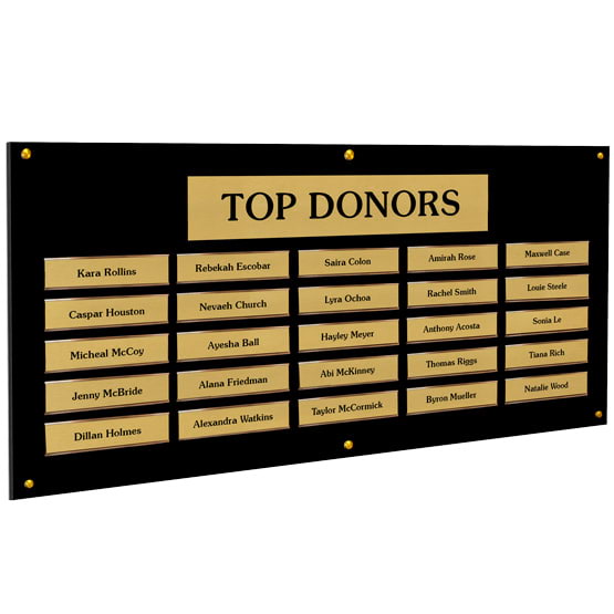 Top Donor Perpetual Plaque With Standoffs And Black Acrylic Board And Gold Metal Plates Printed With Names Inside Brackets