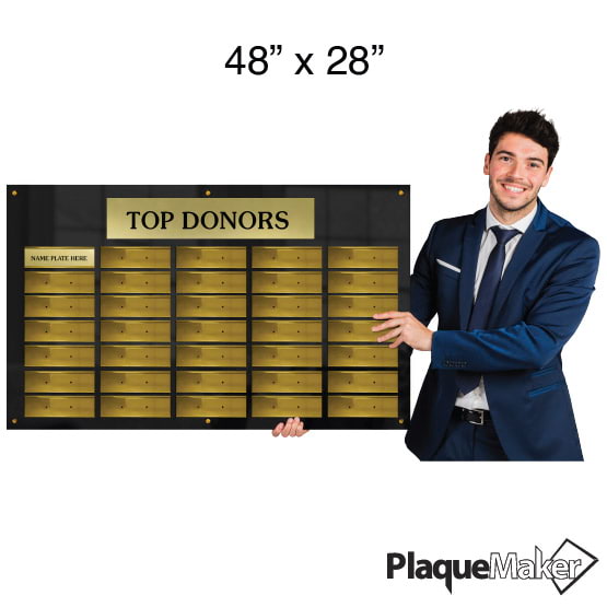 Size Guide Of 48 By 28 Inch Top Donor Perpetual Plaque With Black Acrylic Board And Gold Plates In Landscape Layout