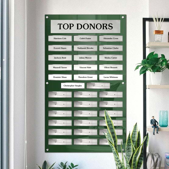 48 By 28 Inch Top Donor Perpetual Plaque With Green Acrylic Board And Silver Plates On Office Wall Near Shelves With Plant