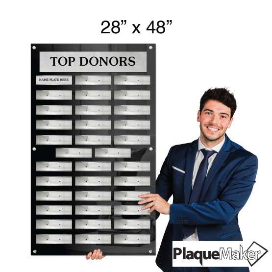 Size Guide Of 48 By 28 Inch Top Donor Perpetual Plaque With Black Acrylic Board And Gold Plates In Portrait Layout
