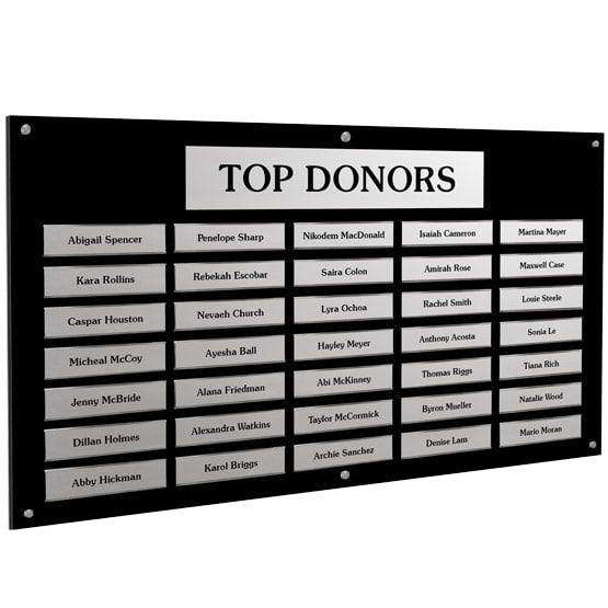 48 By 28 Inch Top Donor Perpetual Plaque With Black Acrylic Board And Silver Metal Plates Printed With Names Inside Brackets