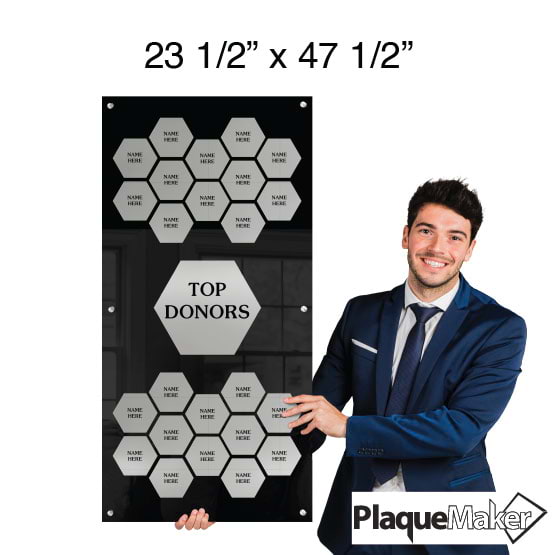 Size Guide Of 47 And Half By 23 And Half Top Donor Perpetual Plaque With Portrait Black Acrylic And Silver Honeycomb Plates