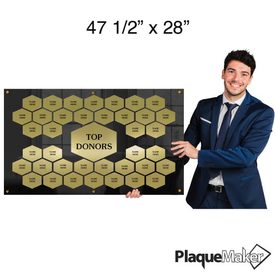 Size Guide Of 47 And A Half By 28 Top Donor Perpetual Plaque With Landscape Black Acrylic Board And Gold Honeycomb Plates