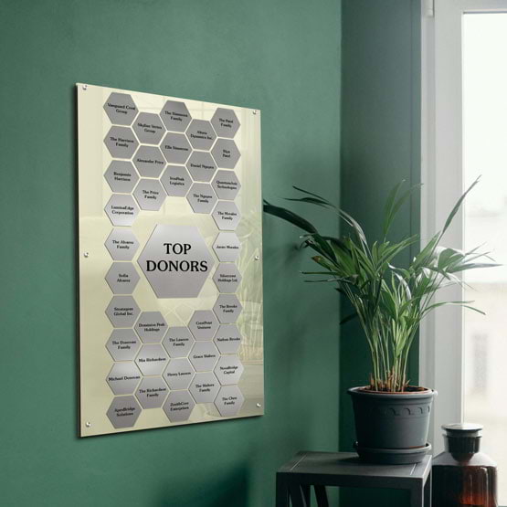 47 And A Half By 28 Top Donor Perpetual Plaque With Ivory Acrylic Board And Silver Honeycomb Plates Near Office Window Plant