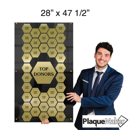 Size Guide Of 47 And A Half By 28 Top Donor Perpetual Plaque With Portrait Black Acrylic Board And Gold Honeycomb Plates