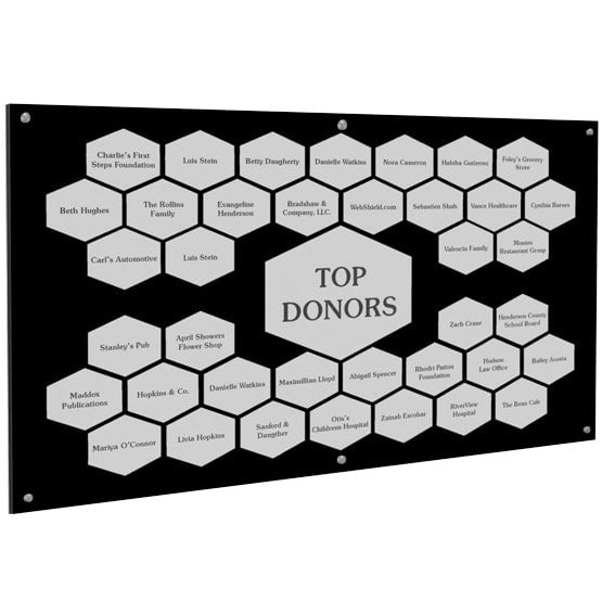 47 And A Half By 28 Top Donor Perpetual Plaque With Black Acrylic Board And Silver Honeycomb Plates With Names